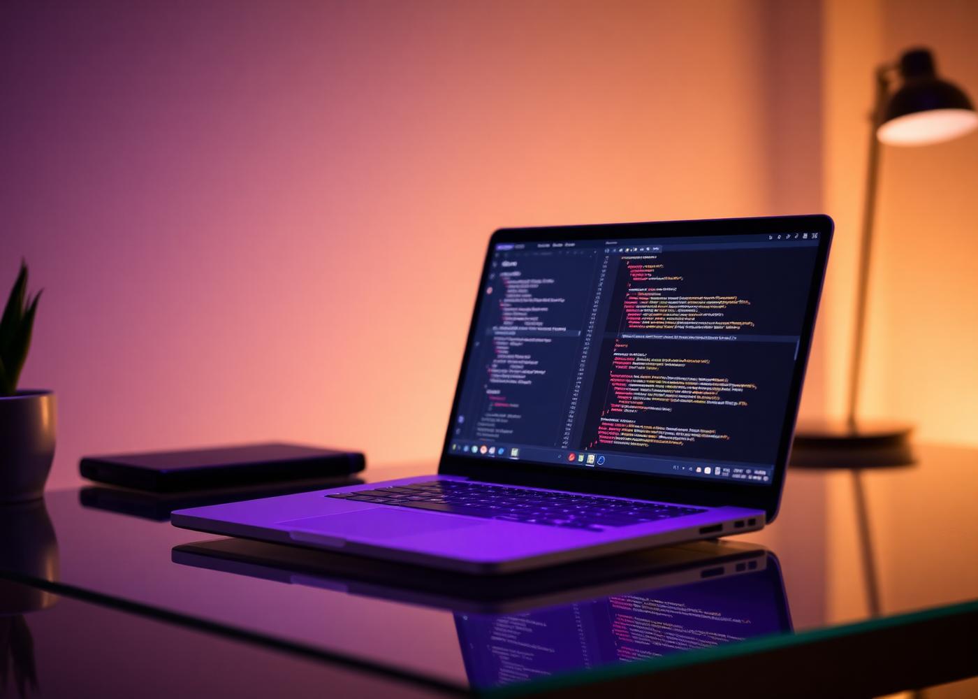 Premium workspace with modern laptop bathed in lilac light